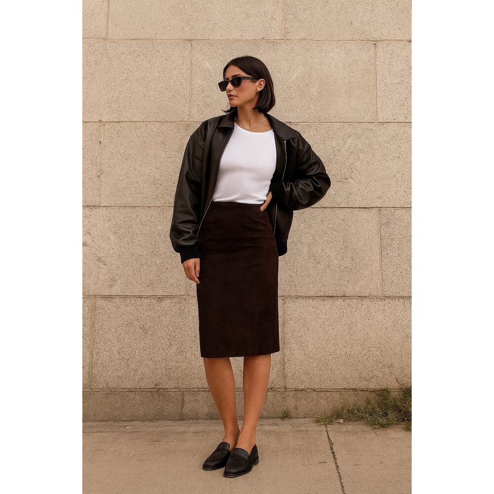 Vintage Y2K Gap Suede Straight Skirt Size 4 Chocolate Brown Midi Minimalist